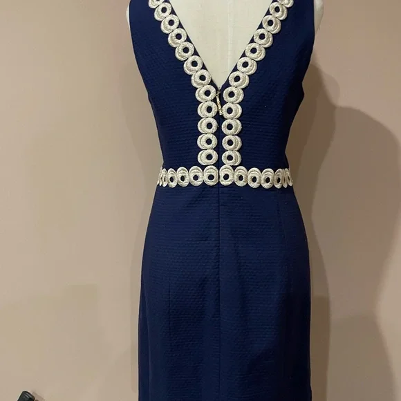 Lilly Pulitzer Essme shift lined Navy Midi Dress with gold Details Sz.10 - Picture 7 of 14